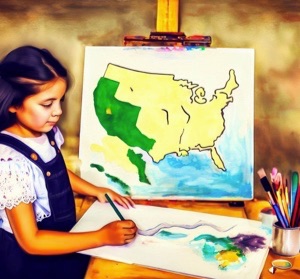 一名女孩在画画，画的内容是美国加州的地图。